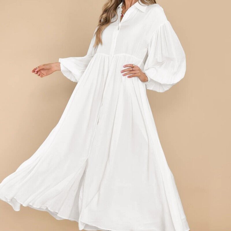 Women's Color Buttons Lapel Pleated Long Sleeve Dresses