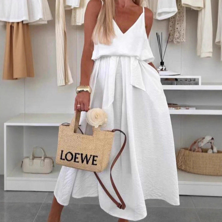 Women's Solid Color Bow Sling Casual Dress