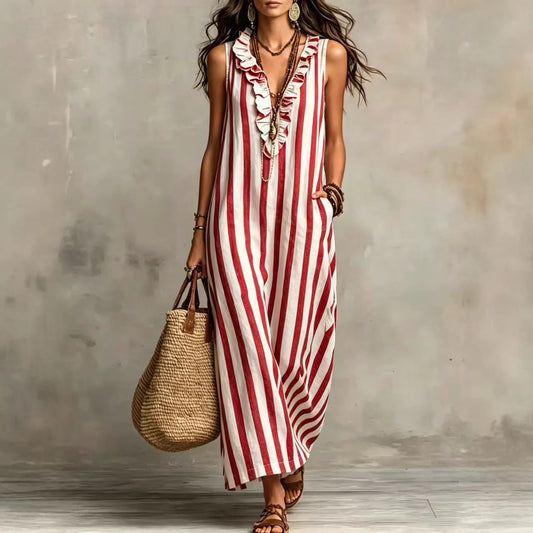 Summer Bohemian Style Vertical Stripes Ruffled Dress