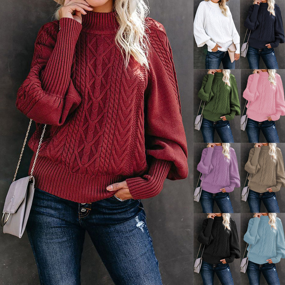 Women's Round Neck Knitted Solid Color Long Lantern Sleeve Sweater