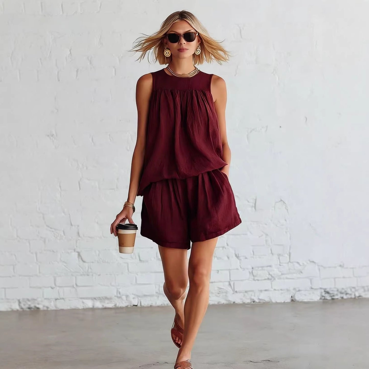 Women's Retro Sleeveless Peplum Wide Leg Fashion Casual Suit