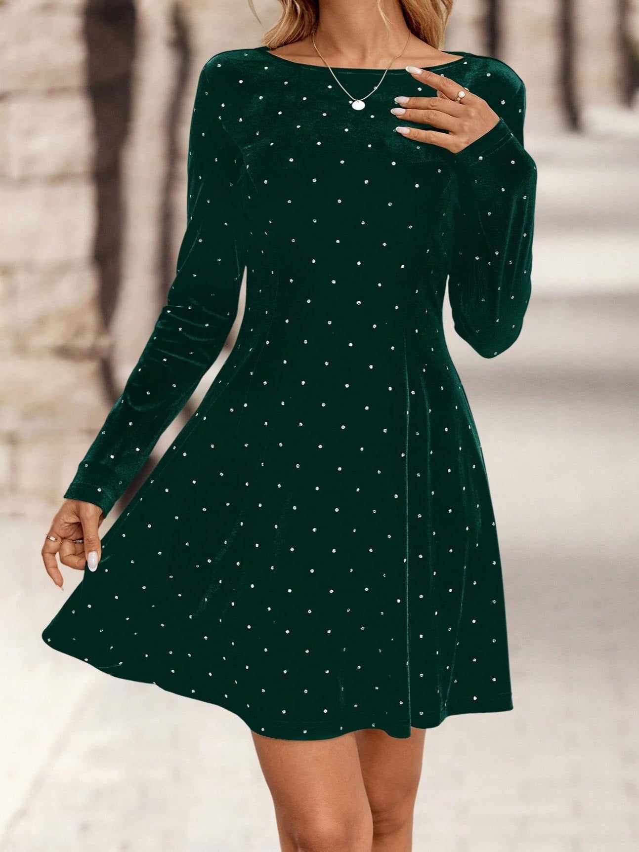 Retro Elegant Polka Dot Rhinestone Gold Veet Mini Waist Dress