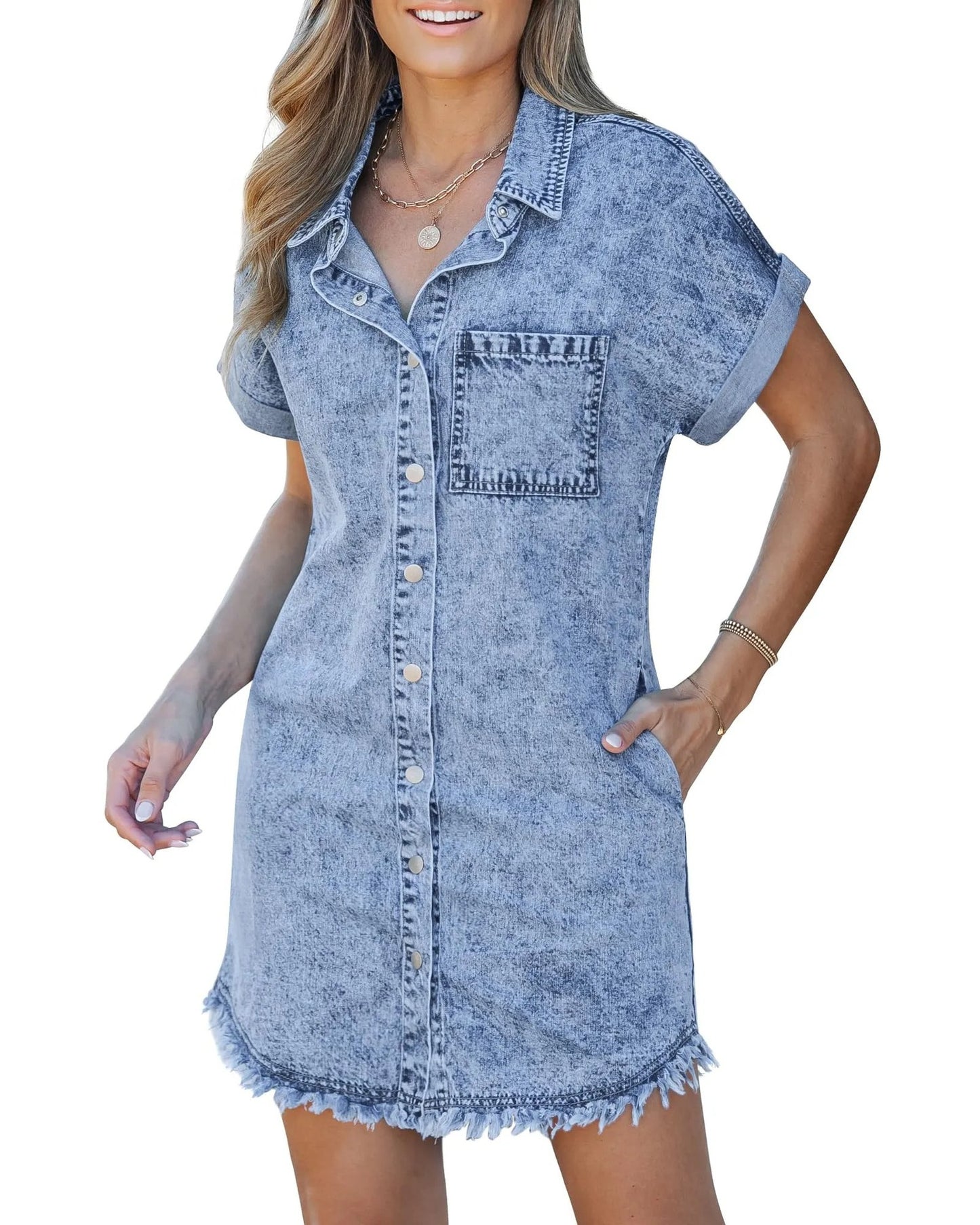 Women's Short-sleeved Denim Shirt Dress Buckle Casual Dresses