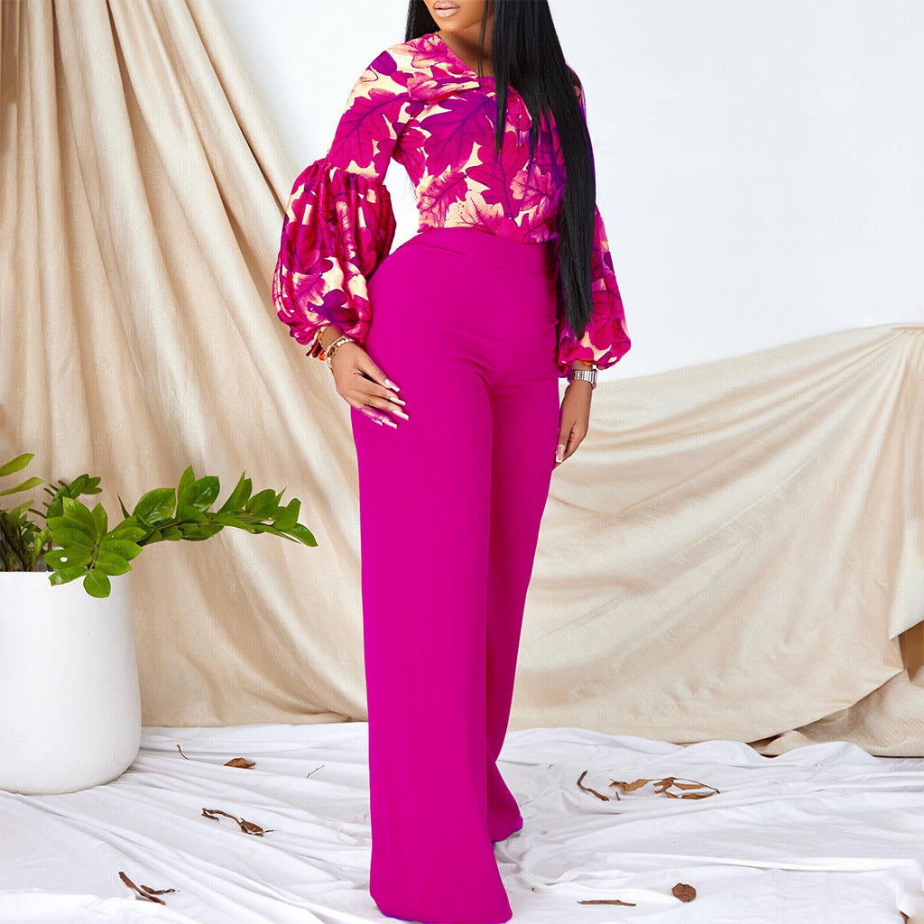 Women's Large Printed Lace Up Wide Leg Fashion Casual Suit