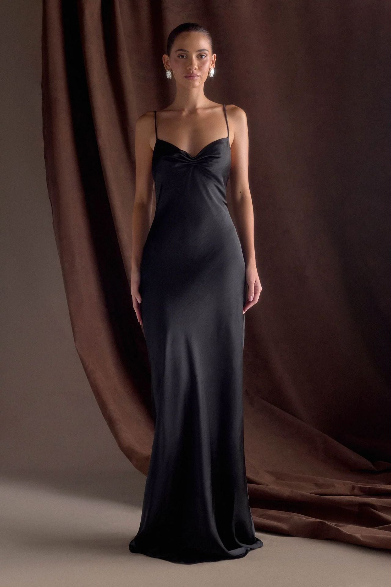 Color Satin Invisible Zipper Pleated Design Draping Sling Dress