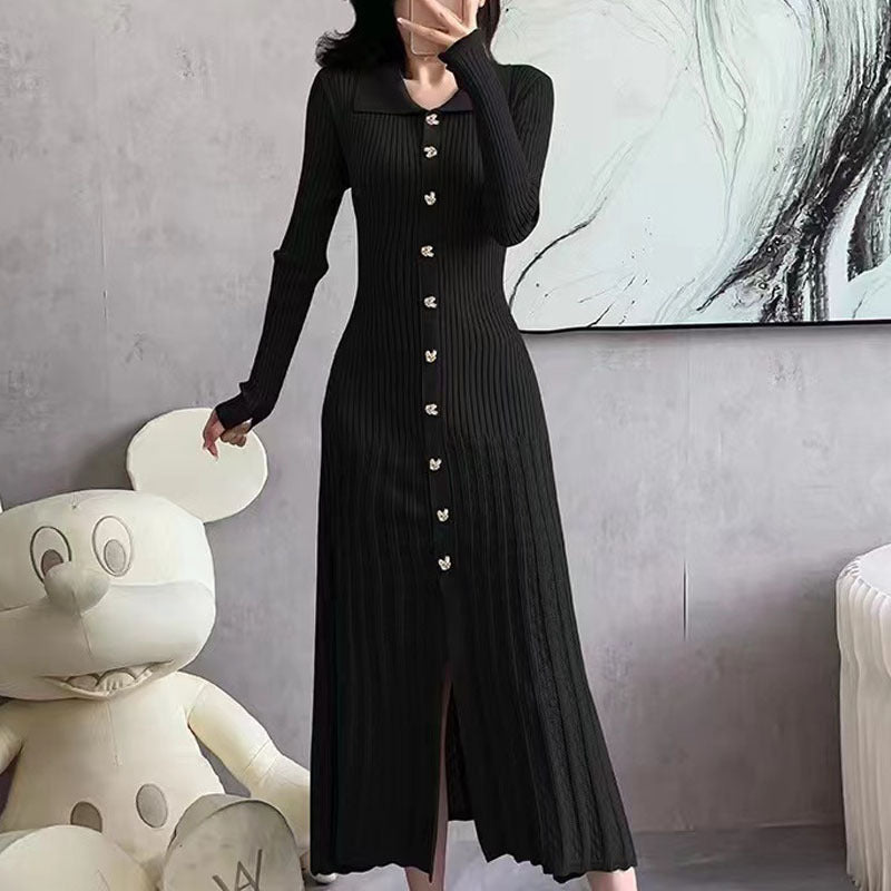 Collar Gold Buckle Woolen Long Dress Dresses