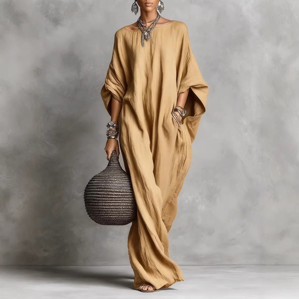Women's Retro Solid Color Temperament Long Sleeve Dress