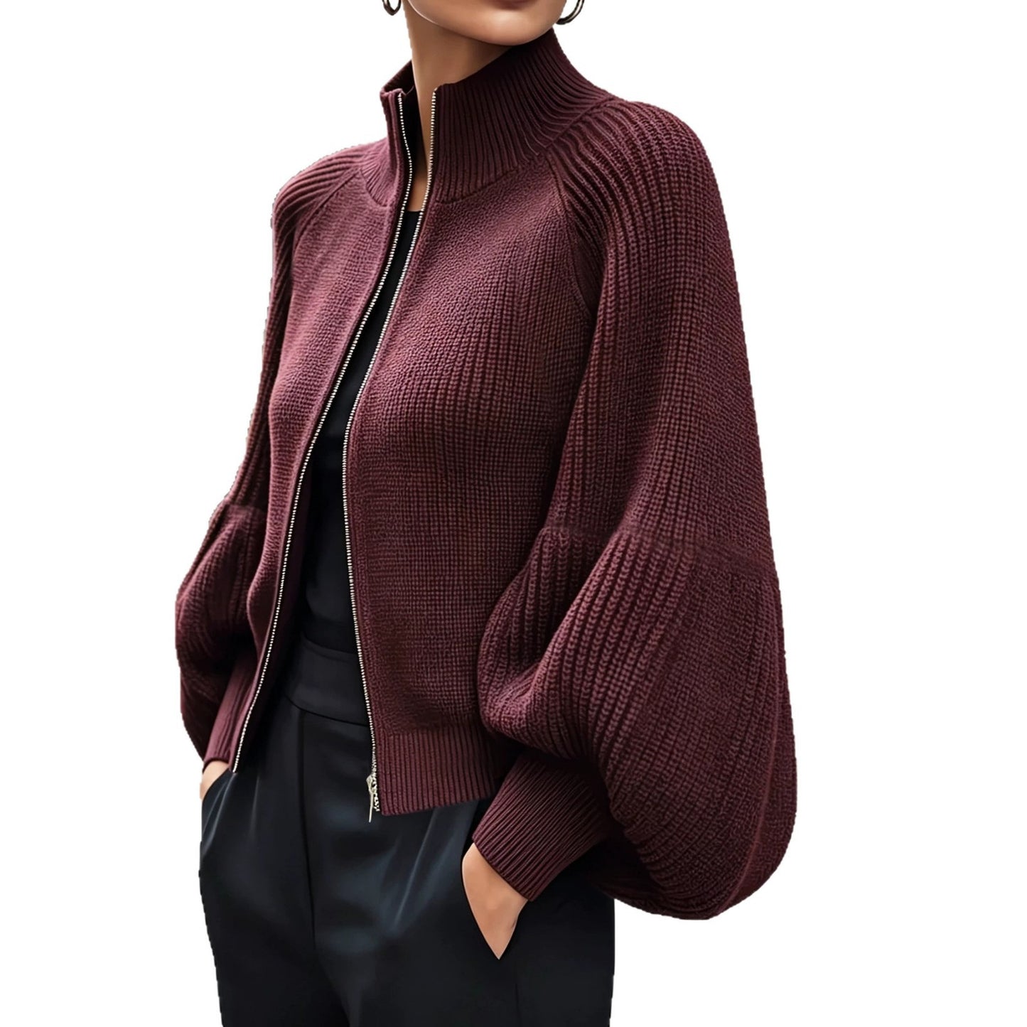 Women's High Stand Collar Zipper Knitted Thick Fluffy Women's Sweater