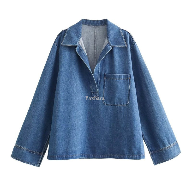 Women's Spring Washed Blue Loose Long Sleeve Blouses
