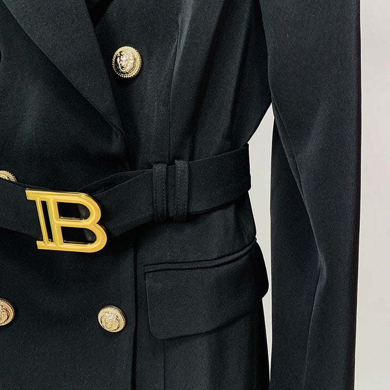 Double Breasted Metal Buckle Belt Slim Dress