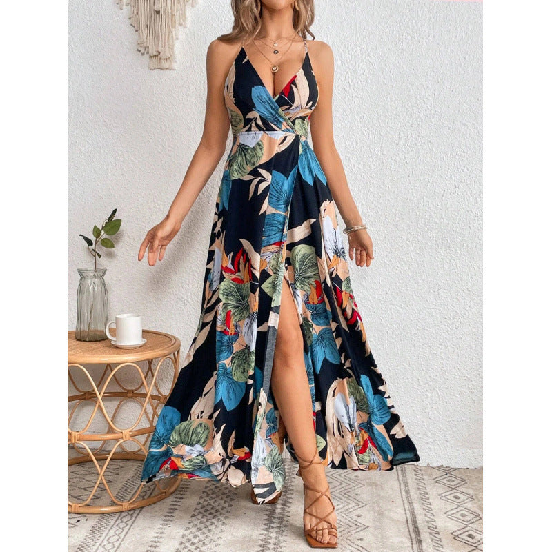 Attractive Tropical Printing Thigh Split Strap Dress
