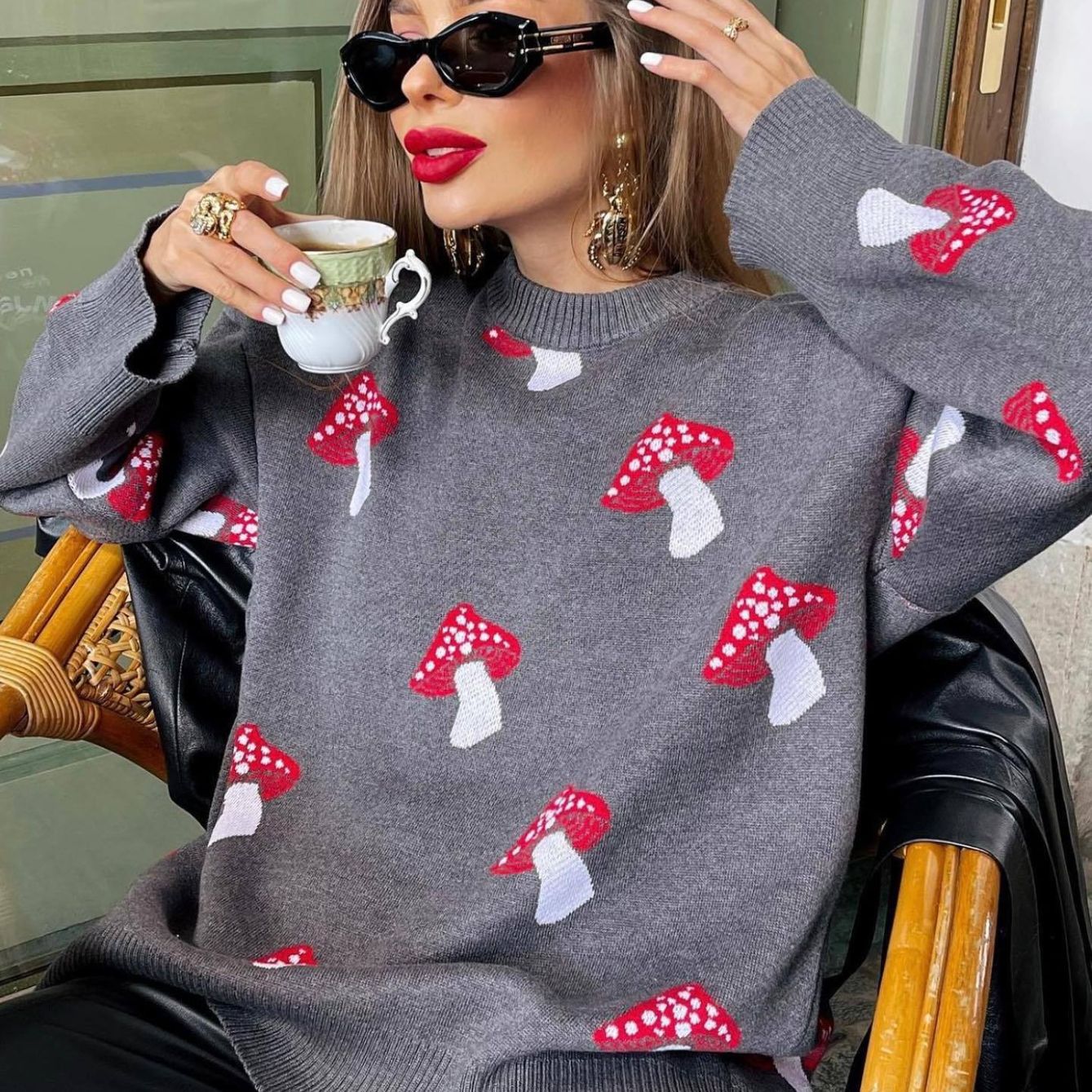 Women's Mushroom Print Contrast Color Pullover Female Sweaters