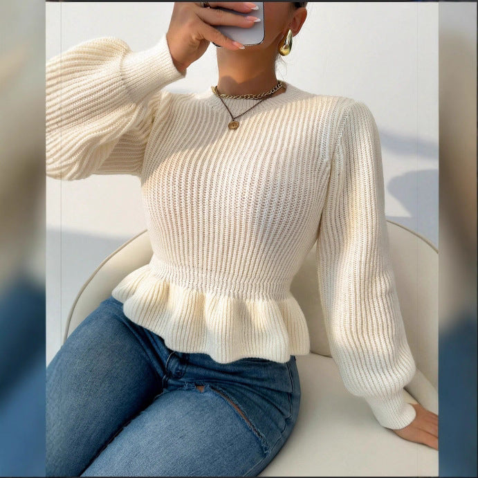 Women's Waist Slimming Temperament Crew Neck Ruffled Sweaters