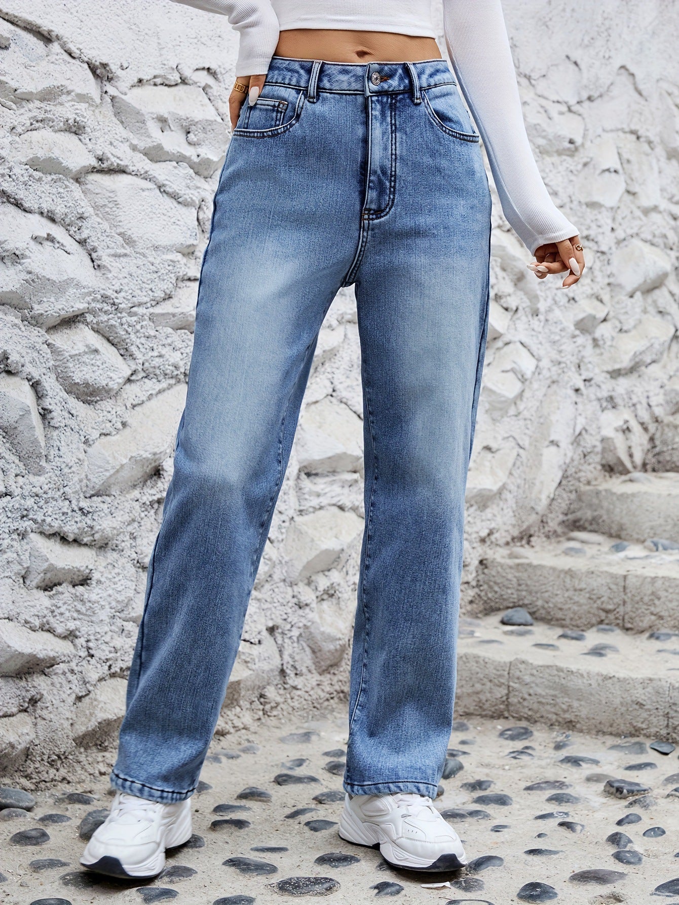 Women's Stretch Fleece Straight Slimming Denim Trousers Jeans