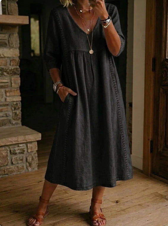 Casual Loose Stitching Lace Cotton Linen Dress