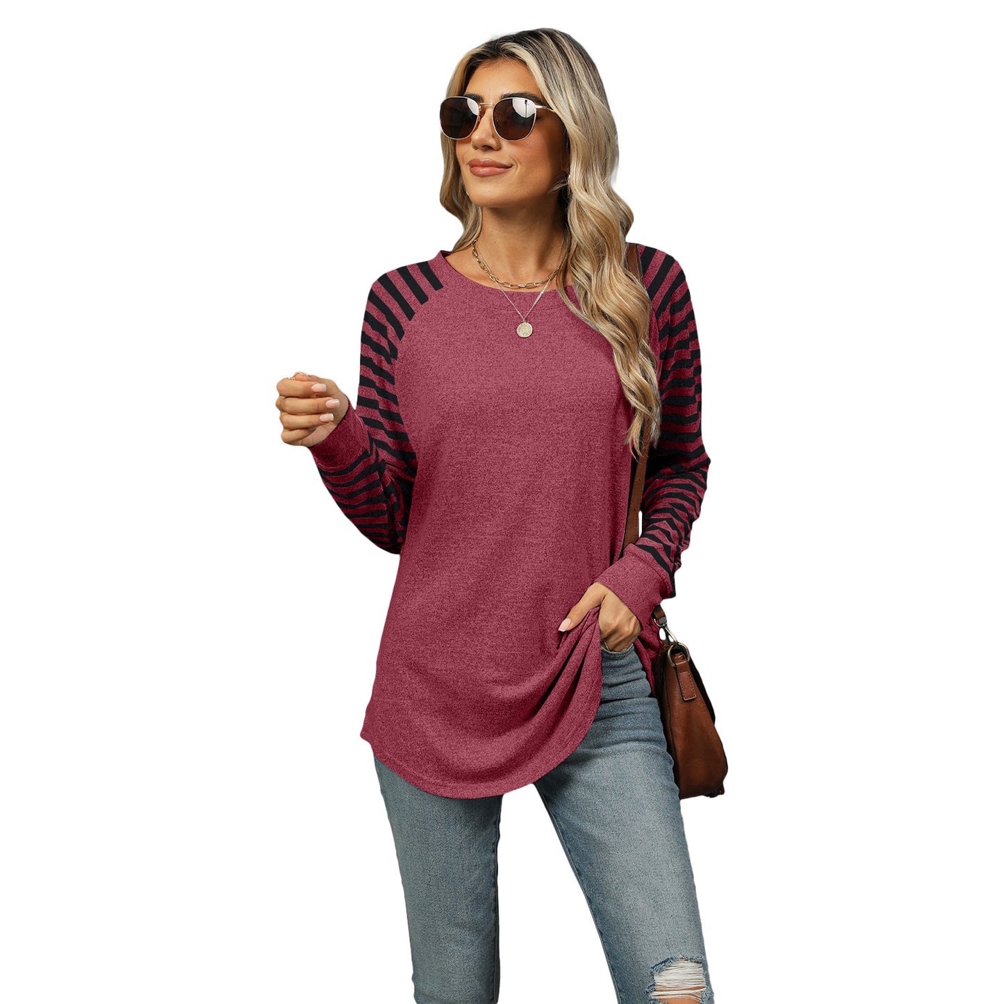 Women's Color Striped Patchwork Round Neck Long-sleeved T-shirt Blouses