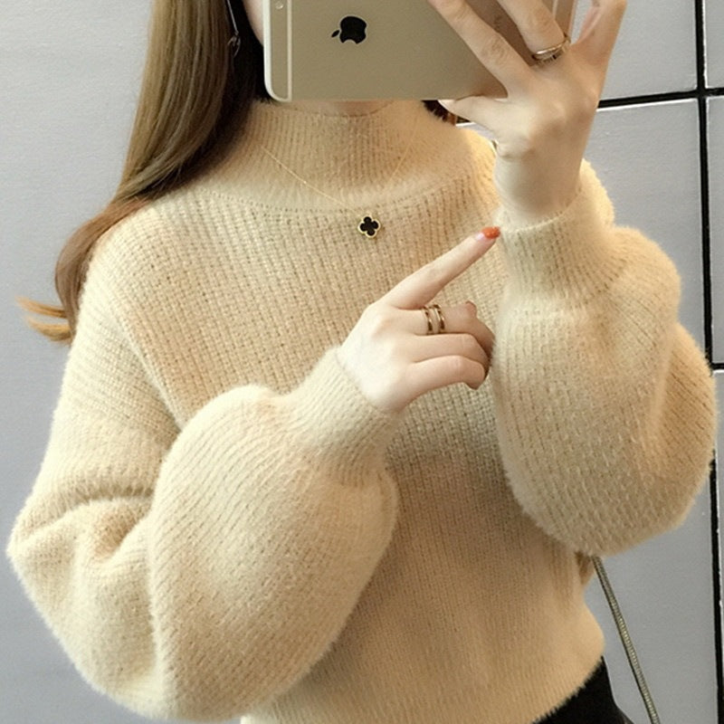 Women's Lantern Sleeve Loose Outer Wear Half Turtleneck Base Knitting Korean Sweaters