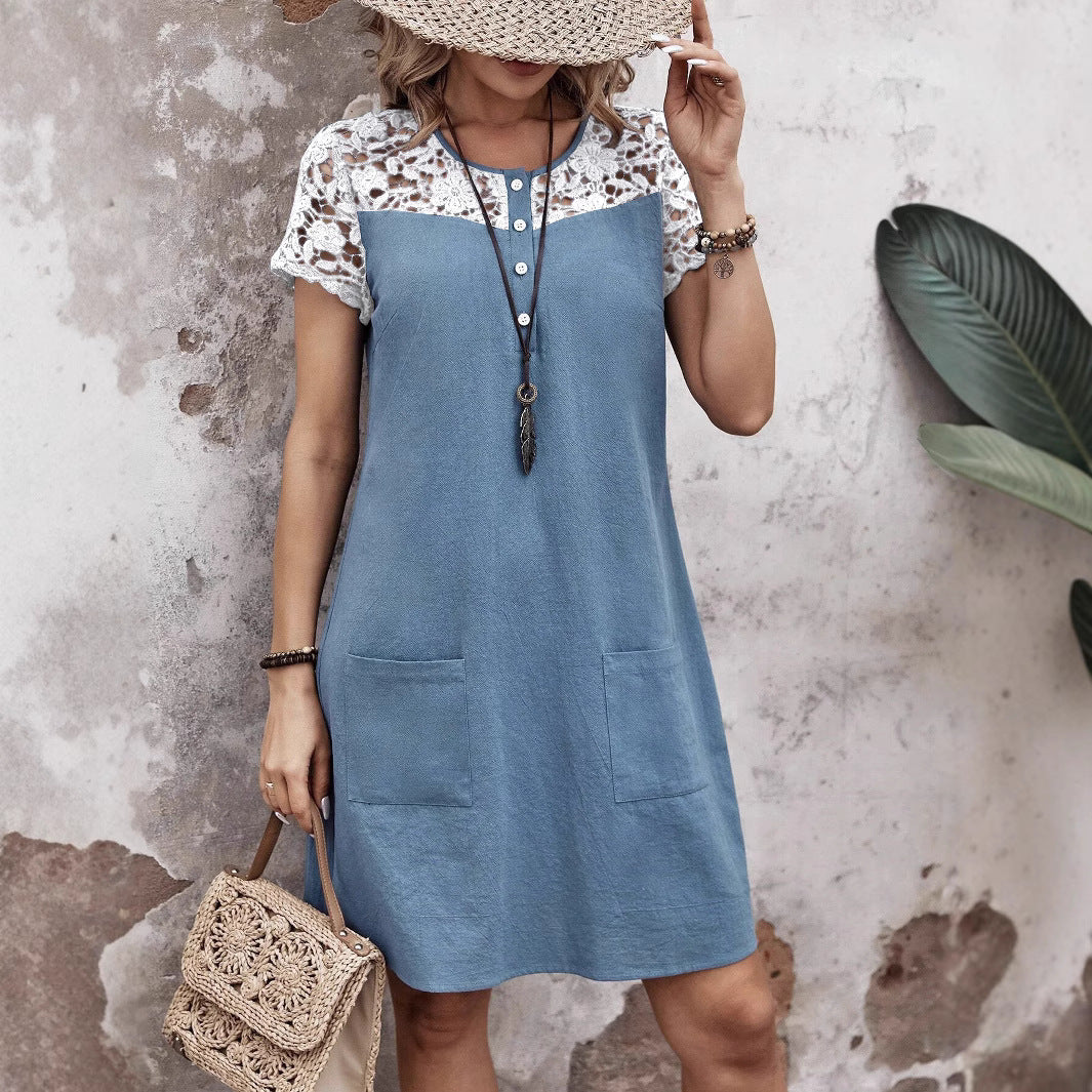 Women's Casual Loose Contrast Color Lace Patchwork Dress