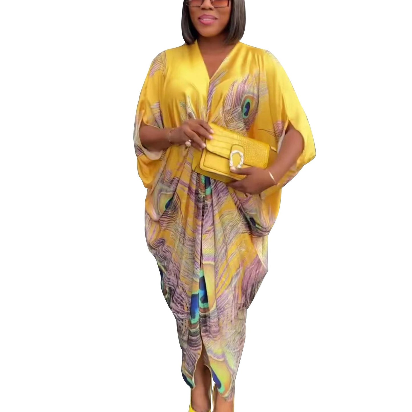 Women's Summer Printed Wide Loose Satin Sleeve Dresses