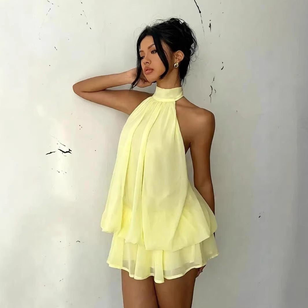 Women's Holiday Sexy Backless Halter Puff Dress