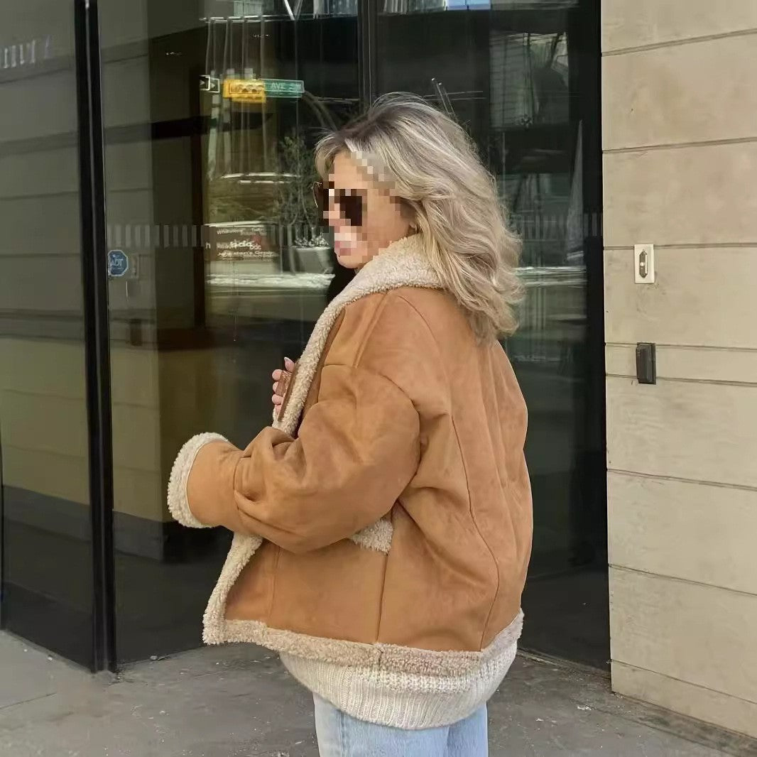 Women's Woolen Lapel Loose Fur Integrated Coats