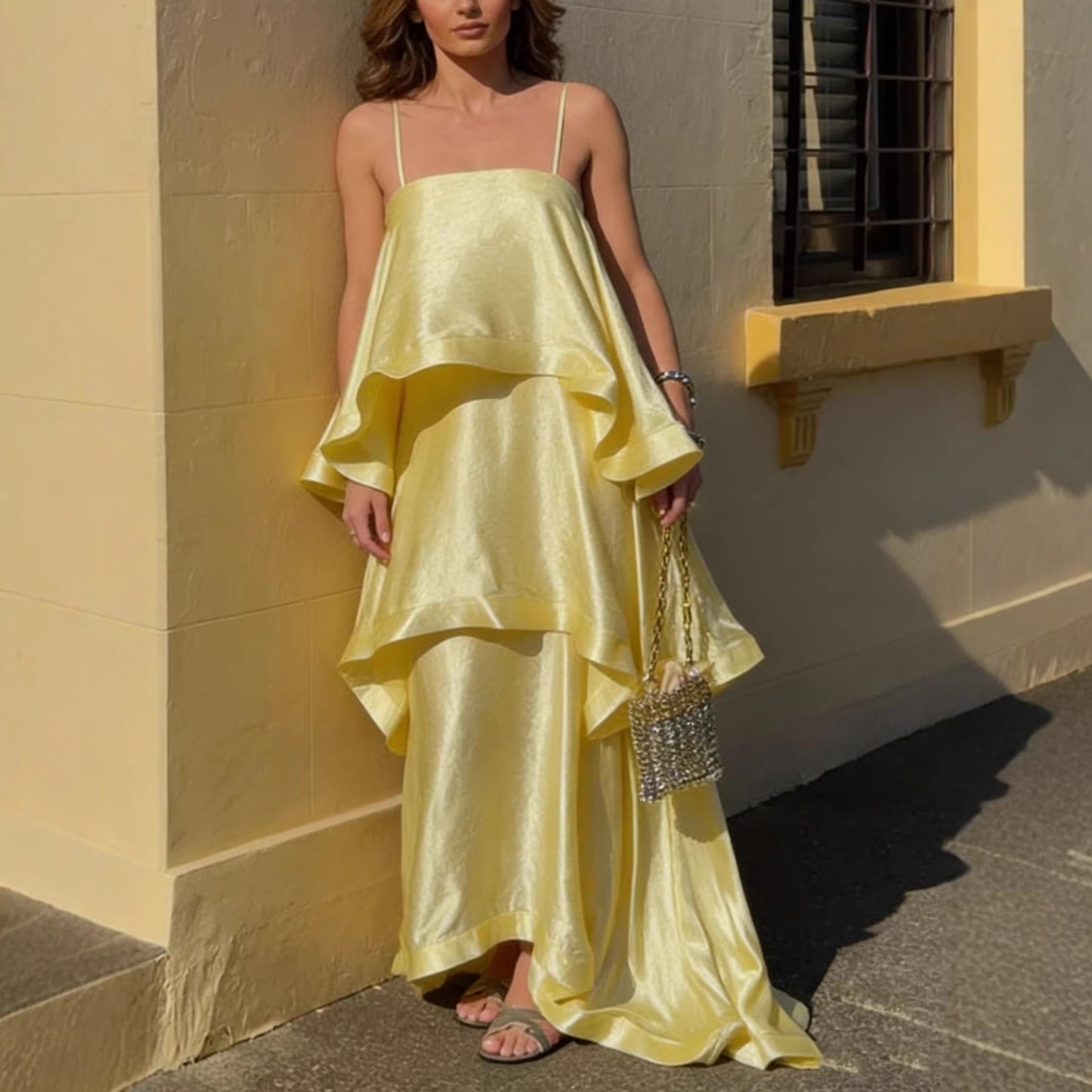 Satin Sling Layered Cake Leisure Loose Dress