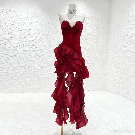 Women's Diamond Decorations Tube Ruffled Dress Autumn Dresses