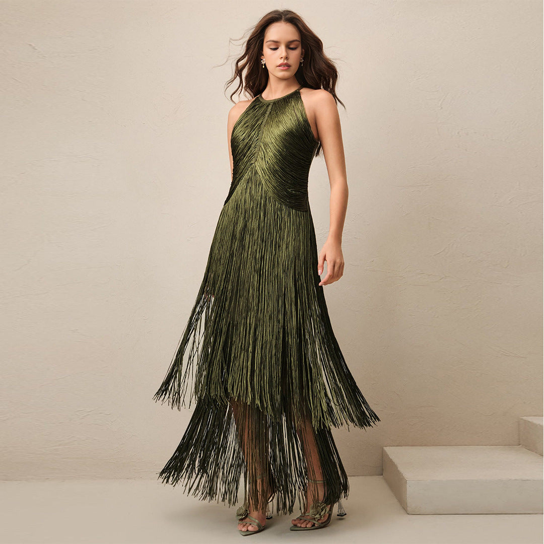 Women's Tassel Sleeveless Waist Bandage One-piece Party Stage Clothing