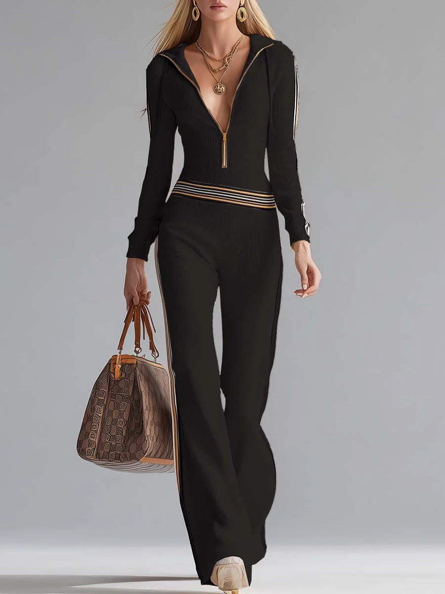 Women's Contrast Patchwork Sunken Stripe Knitted Long-sleeved Jumpsuits