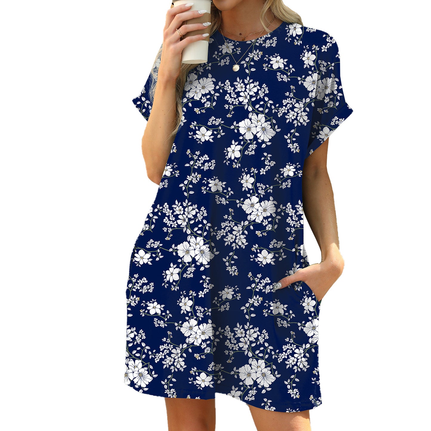 Loose Round Neck Sleeve Printed Pocket Dress
