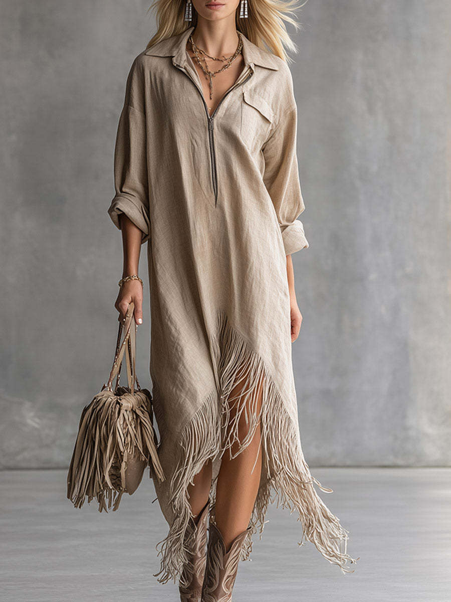 Autumn Elegance Retro Loose Irregular Fringed Dress