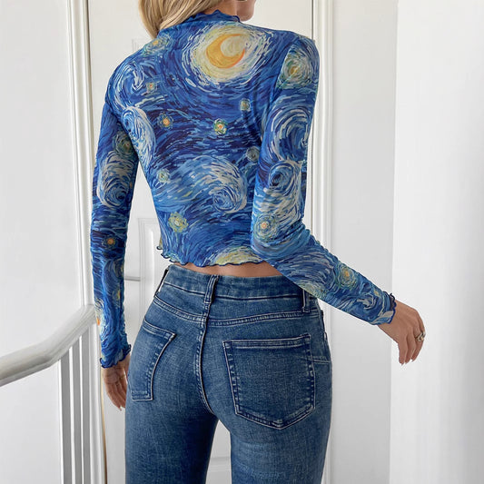 Women's Small Stand Collar Starry Sky Mesh Blouses