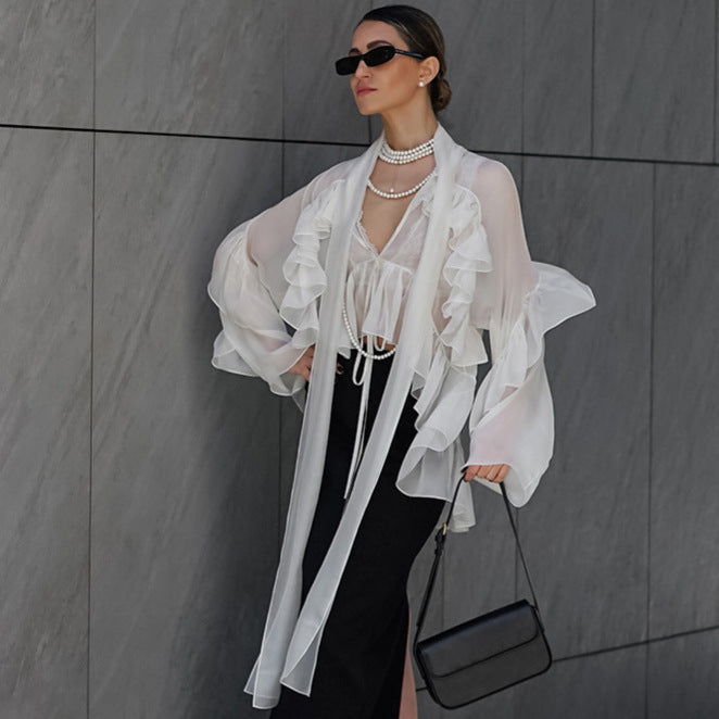 Women's French Ruffled Ribbon Shirt Fashion Wear Tops