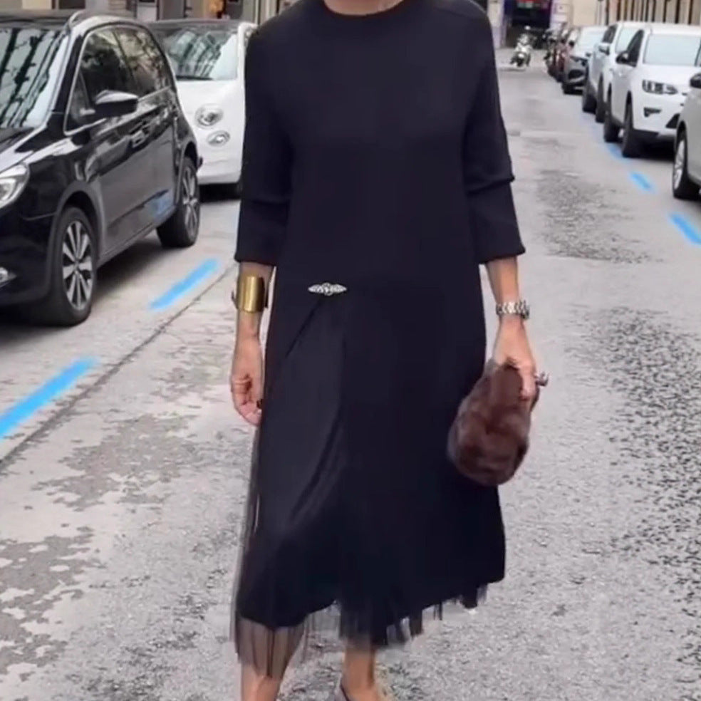 Women's Round Neck Knitted Slit Stitching Mesh Dress