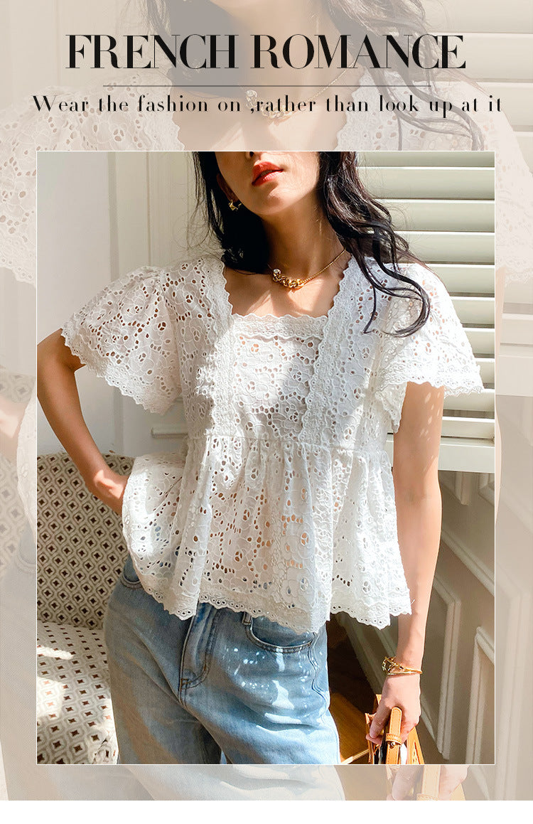 Women's Summer White French Style Design Square Collar Doll Blouses