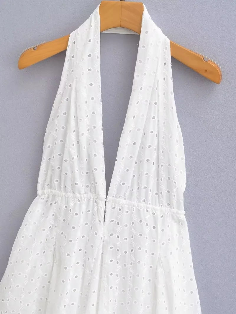Women's Wear Autumn Hollow Embroidery Hanging Collar Dresses