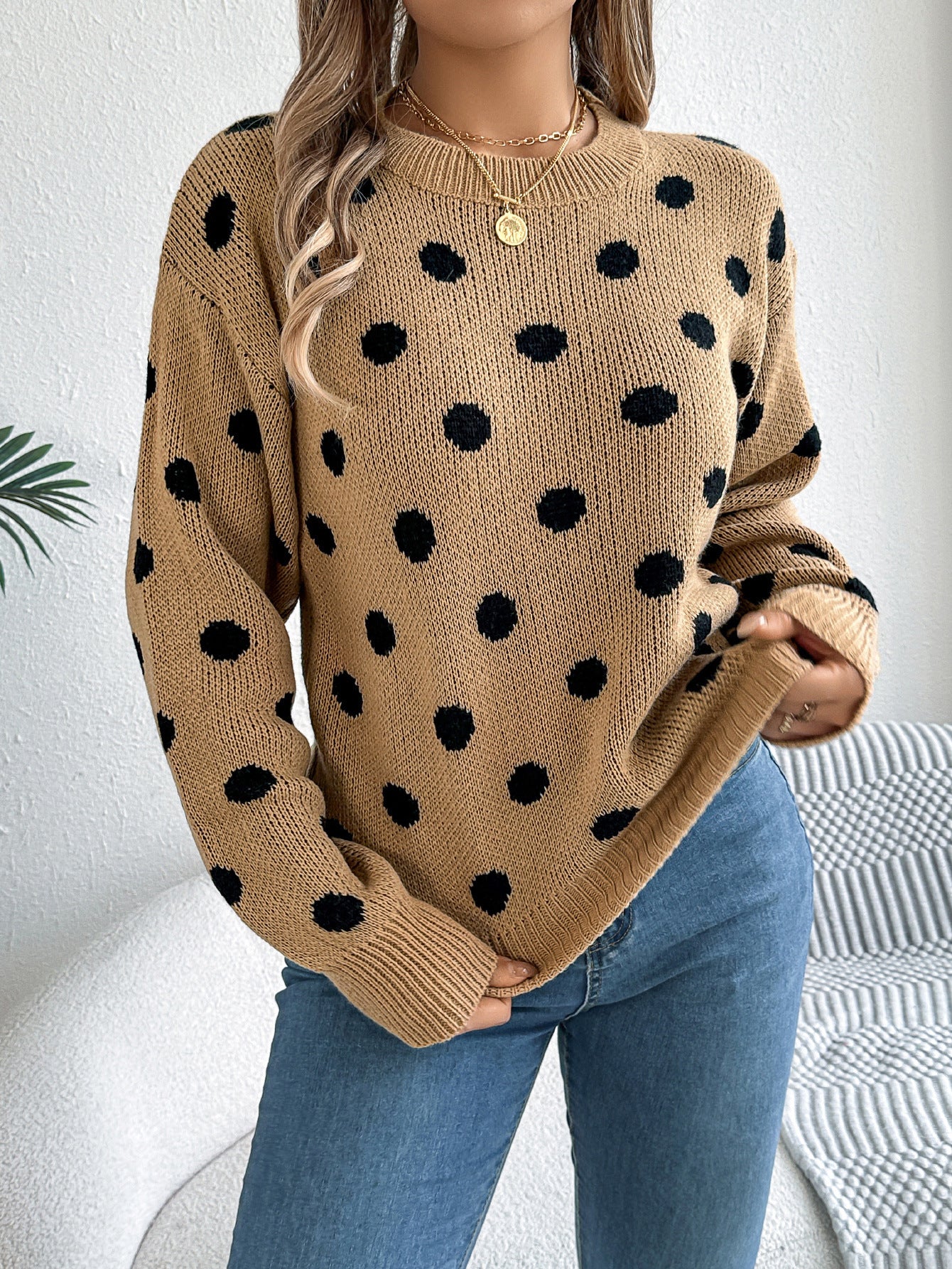 Women's Contrast Color Polka Dot Long Sleeve Sweaters