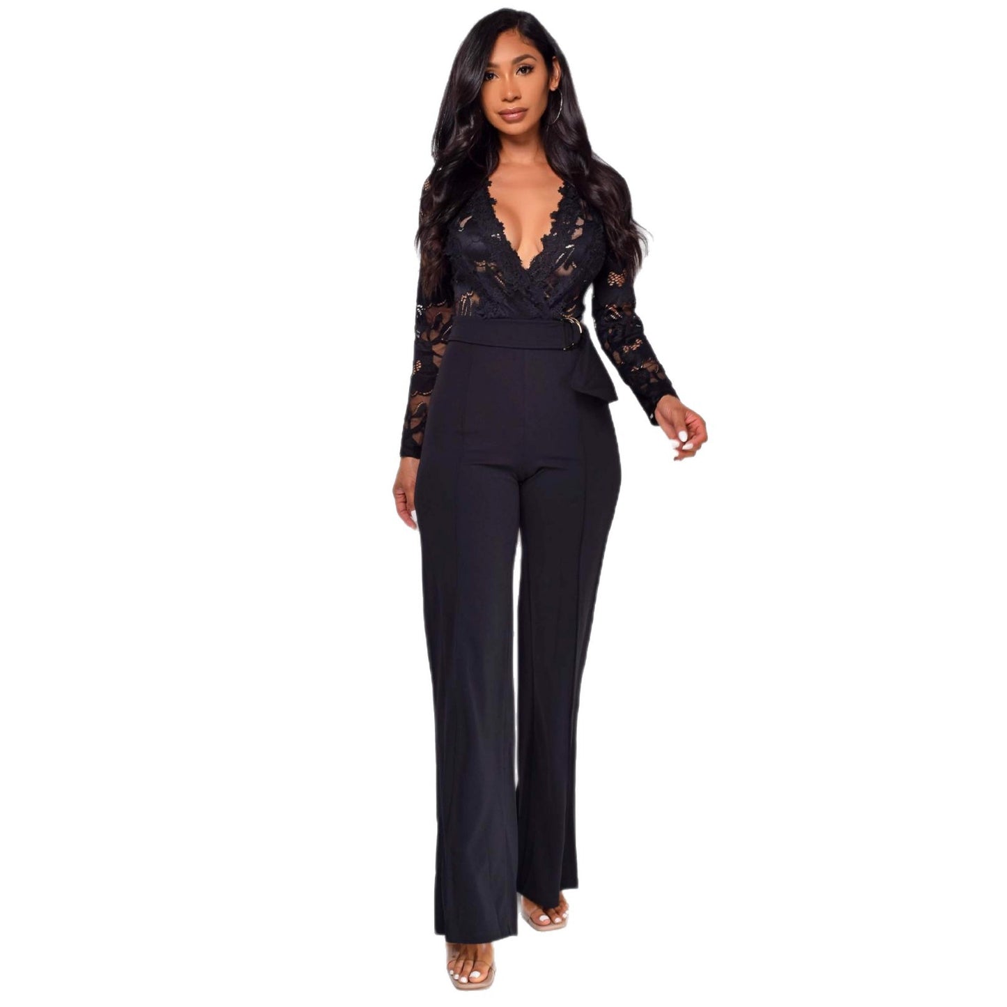 Women's Personalized Line Lace Stitching Long-sleeved Casual Jumpsuits