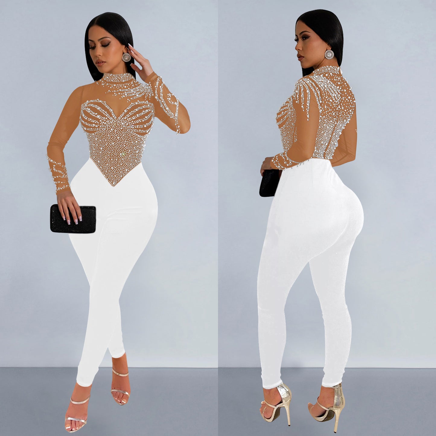 Women's Wear Pure Color Mesh Rhinestone Long-sleeved Suits