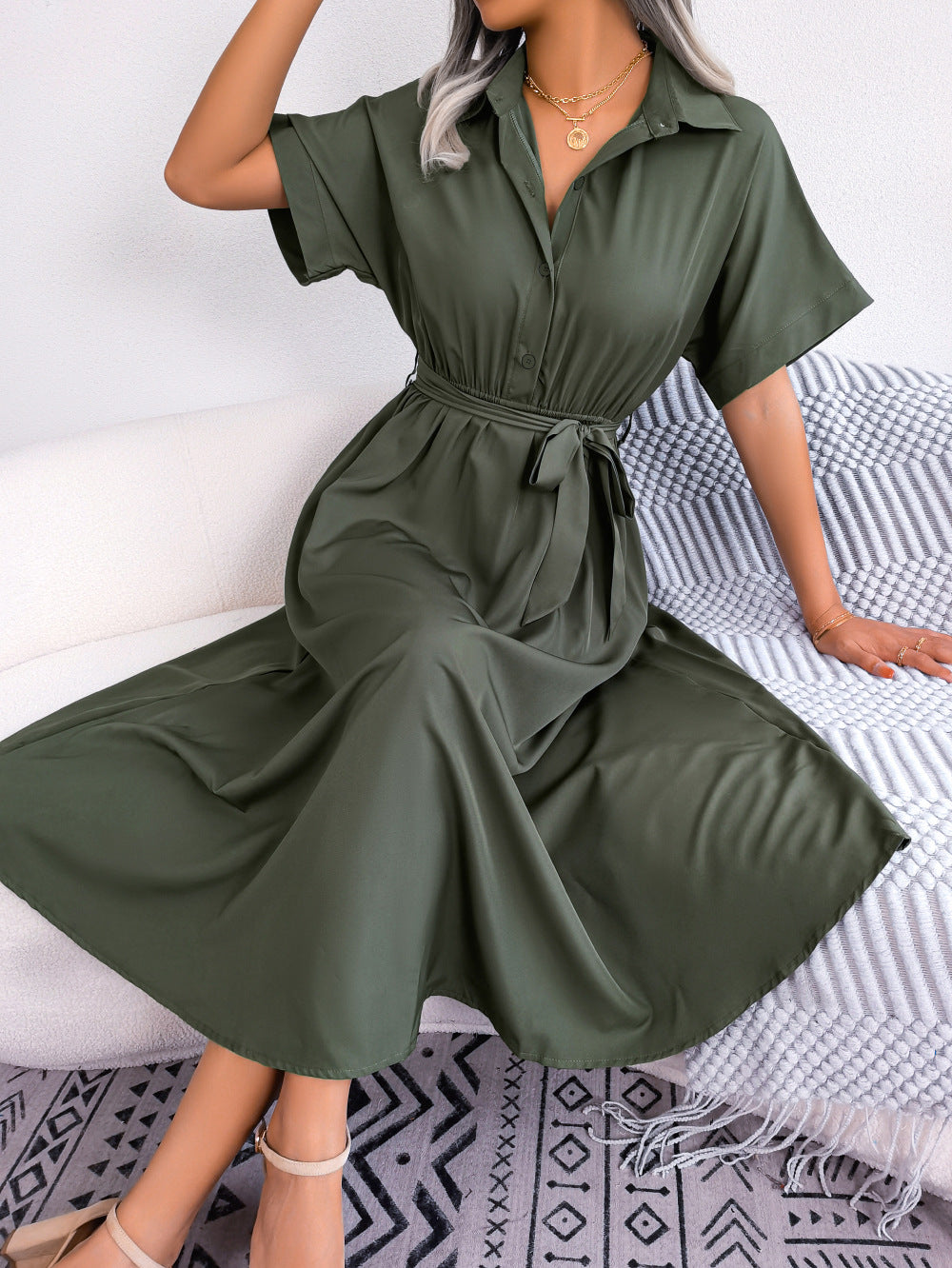 Women's Wind Casual Loose Pure Color Tied Shirt Dress
