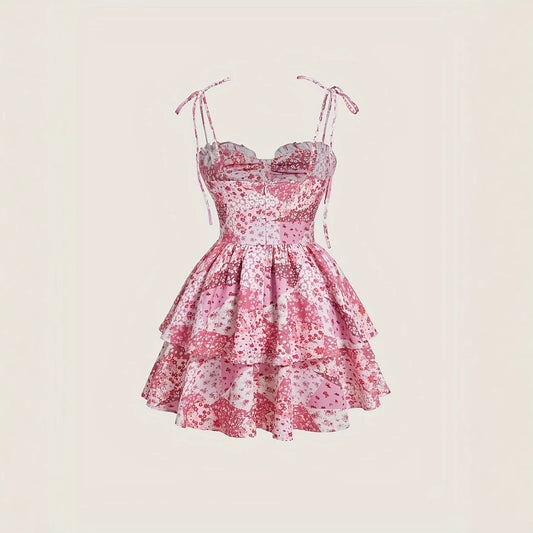 Women's Floral Suspender Layered Dress Vintage Pink Dresses
