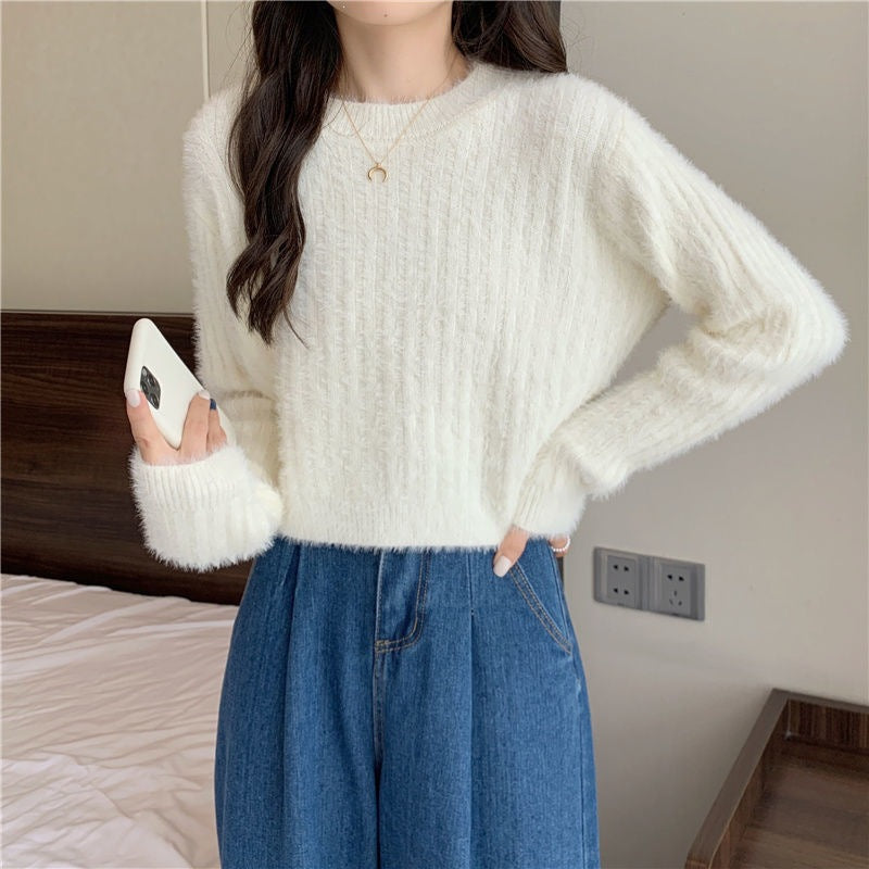 Women's Korean Style Mink Solid Color Sweet Graceful Pullover Women's Sweater