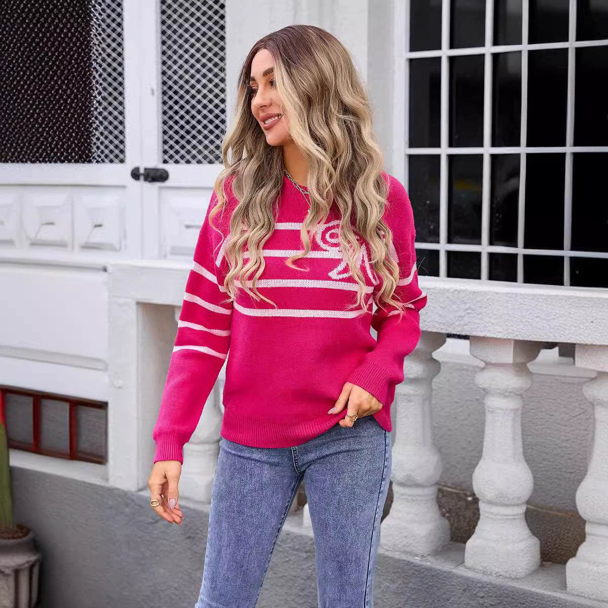 Spring Striped Bow Round Neck Flower Knitted Sweater