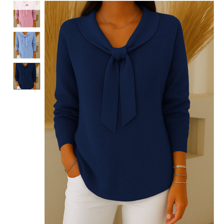 Unique Women's Knitted Bow Solid Color Tops