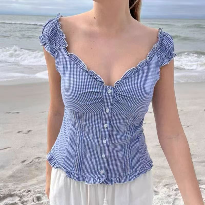 Pleated Hanging Shoulder Button Folding Lace Blouses