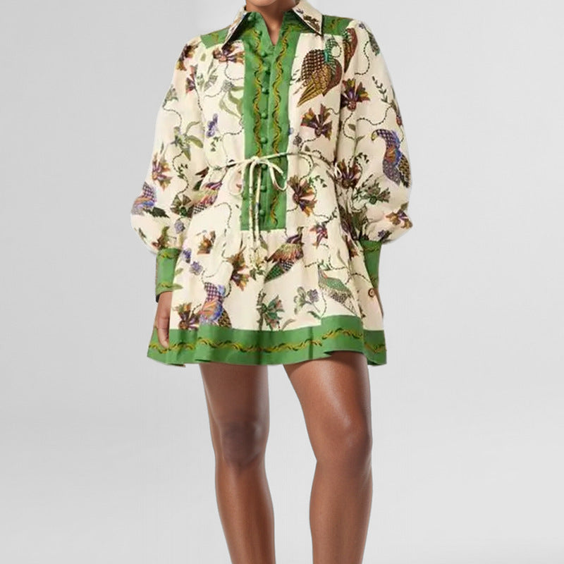 Women's Lace Printing Lapel Long Sleeve Pleated Dresses