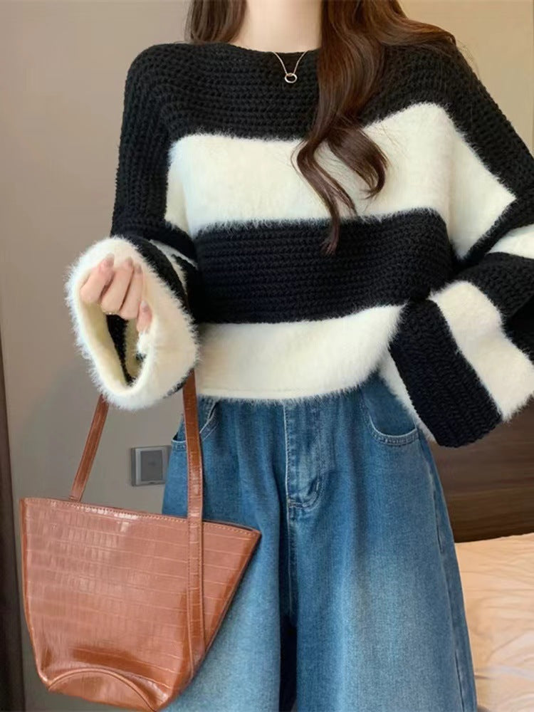 Women's Retro Loose Milk Lazy Striped Long Sleeve Tops