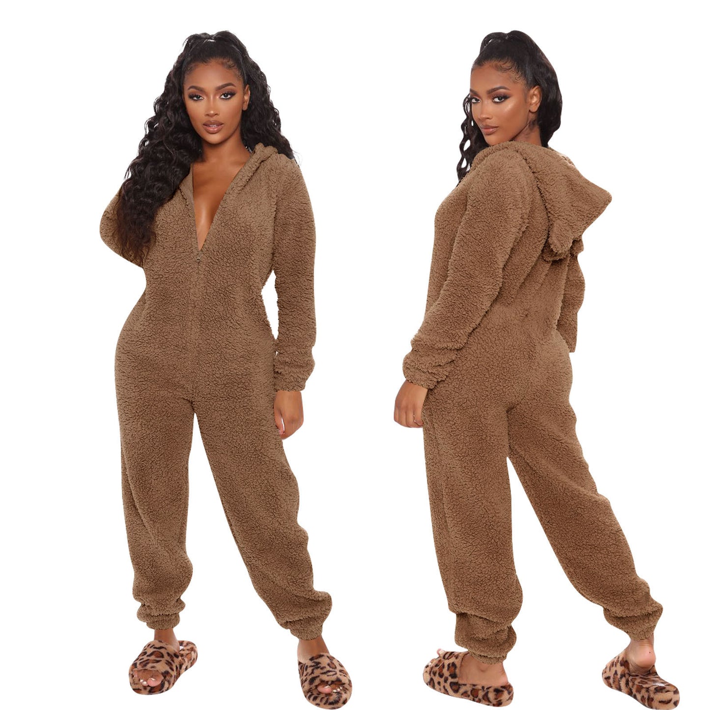 Long Sleeve Hooded Casual Trousers Plush Jumpsuits