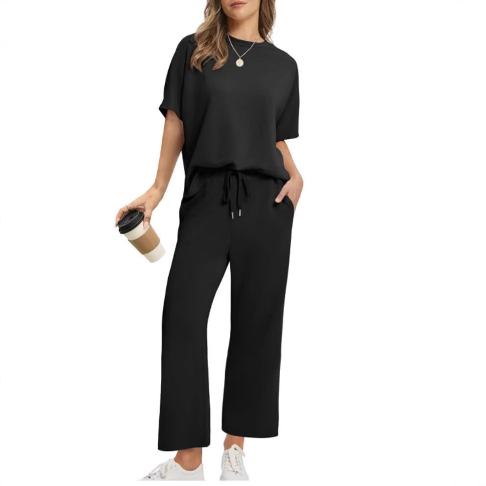Women's Loose Outfit Round Neck Sleeve Two-piece Shorts