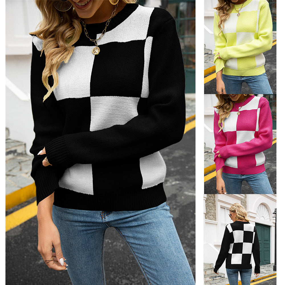 Spring Round Neck Knitted Rose Plaid Sweater